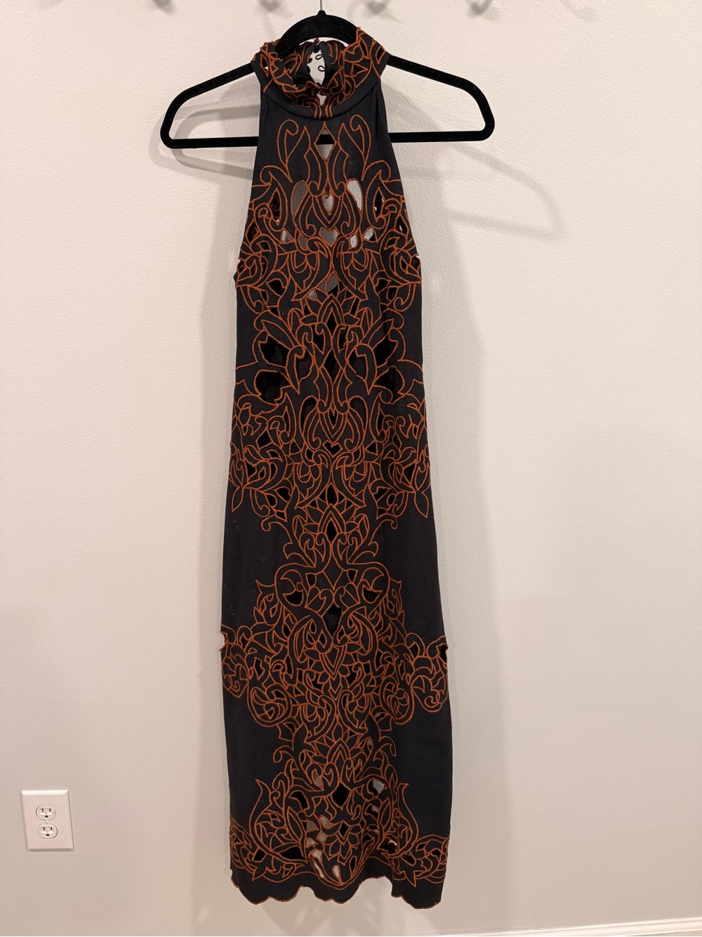 Karen Millen Black Halter Dress with Orange Embroidery